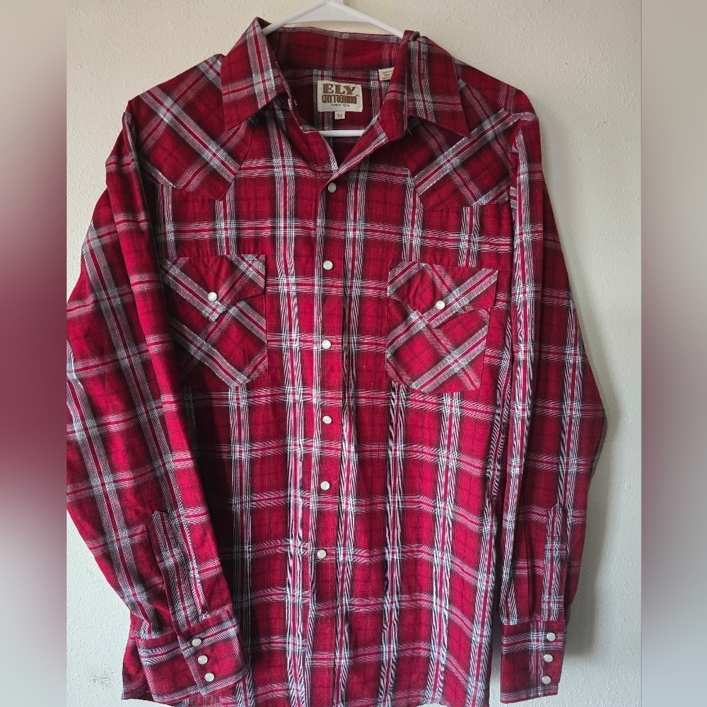 Vintage Ely Cattleman Men's Red White And Grey Plaid Shirt MED